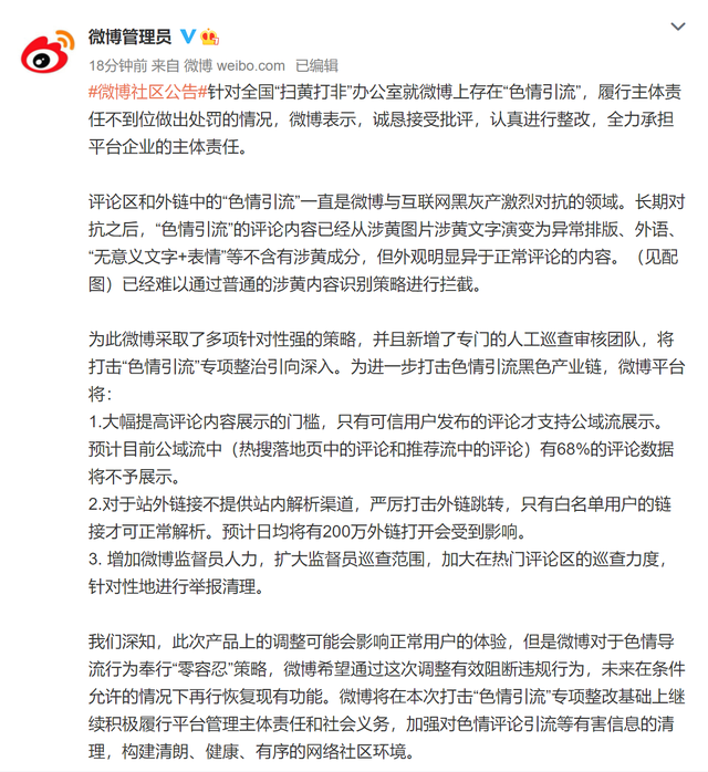 全国“扫黄打非”办公室点名微博“色情引流”，微博回应：严厉打击外链跳转