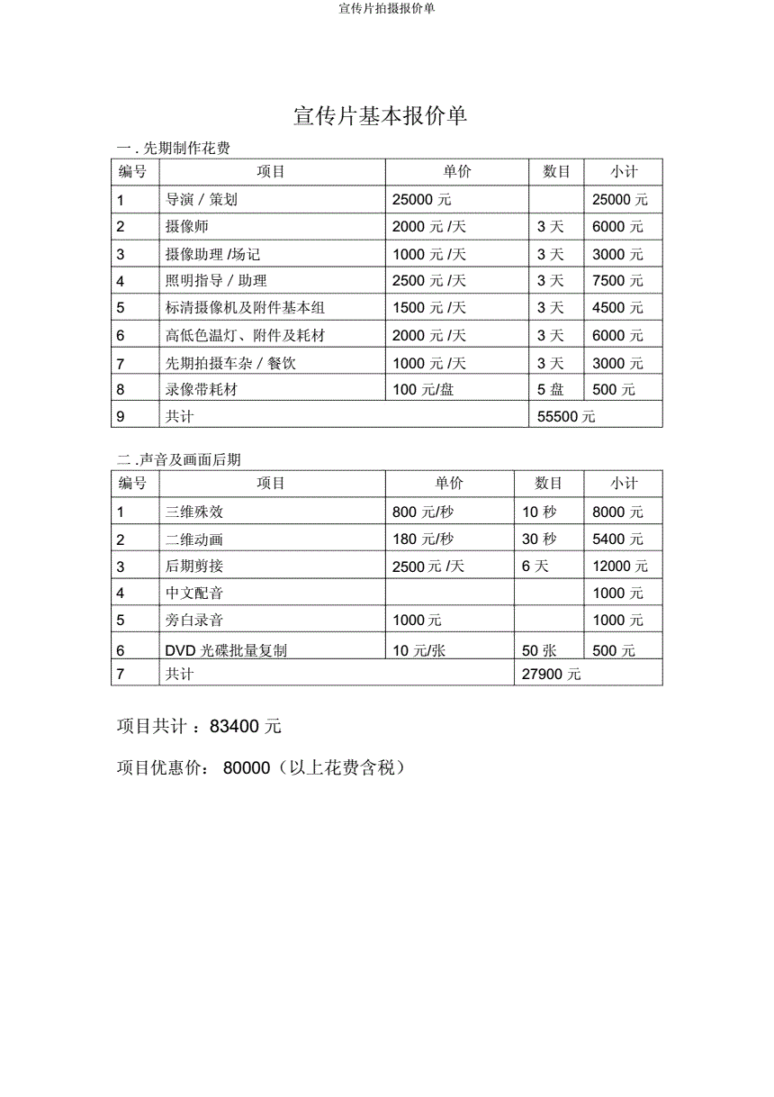 宣传视频报价单(宣传片制作报价单范本)