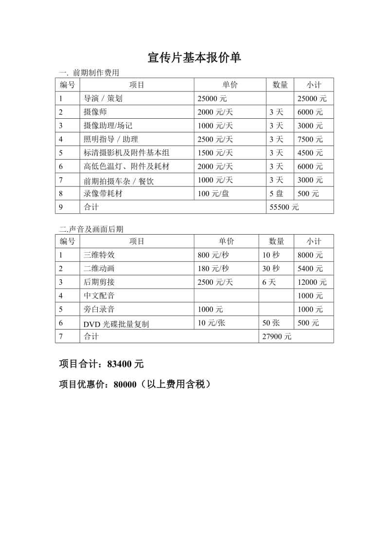 企业宣传视频报价单(宣传片制作报价单范本)