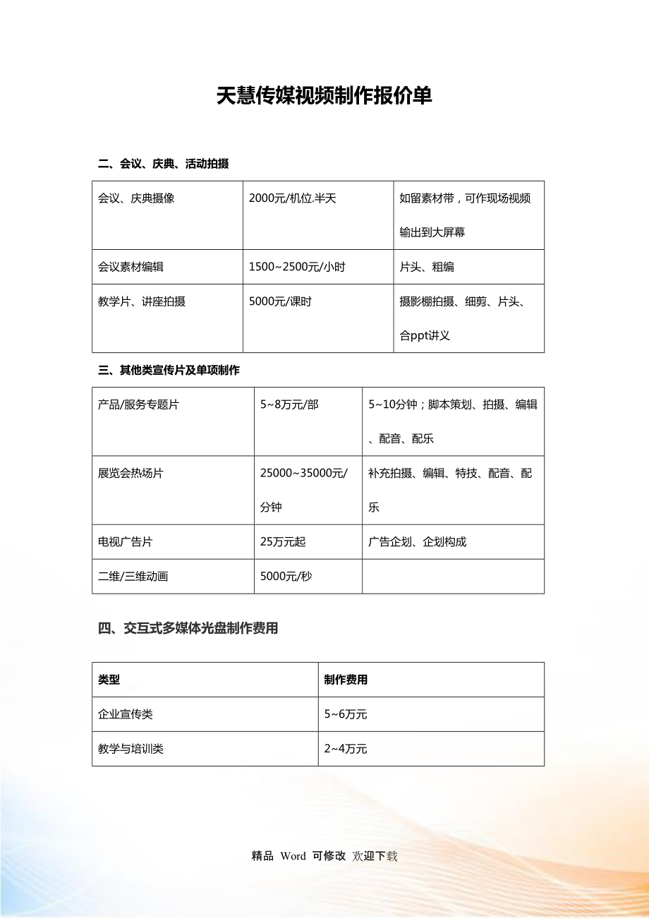 视频广告报价(视频广告报价表模板)